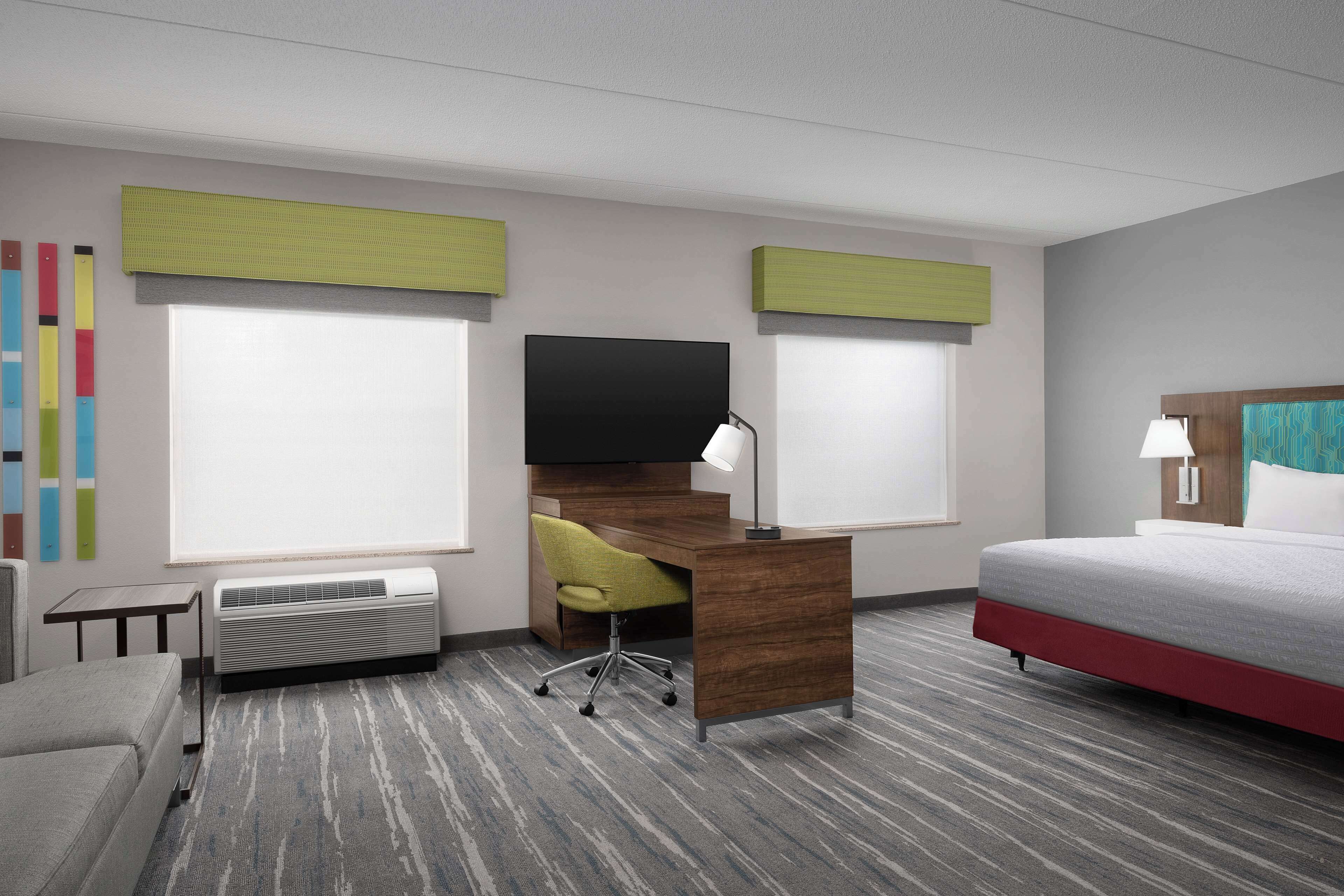 premium bedding, desk, blackout curtains, iron/ironing board