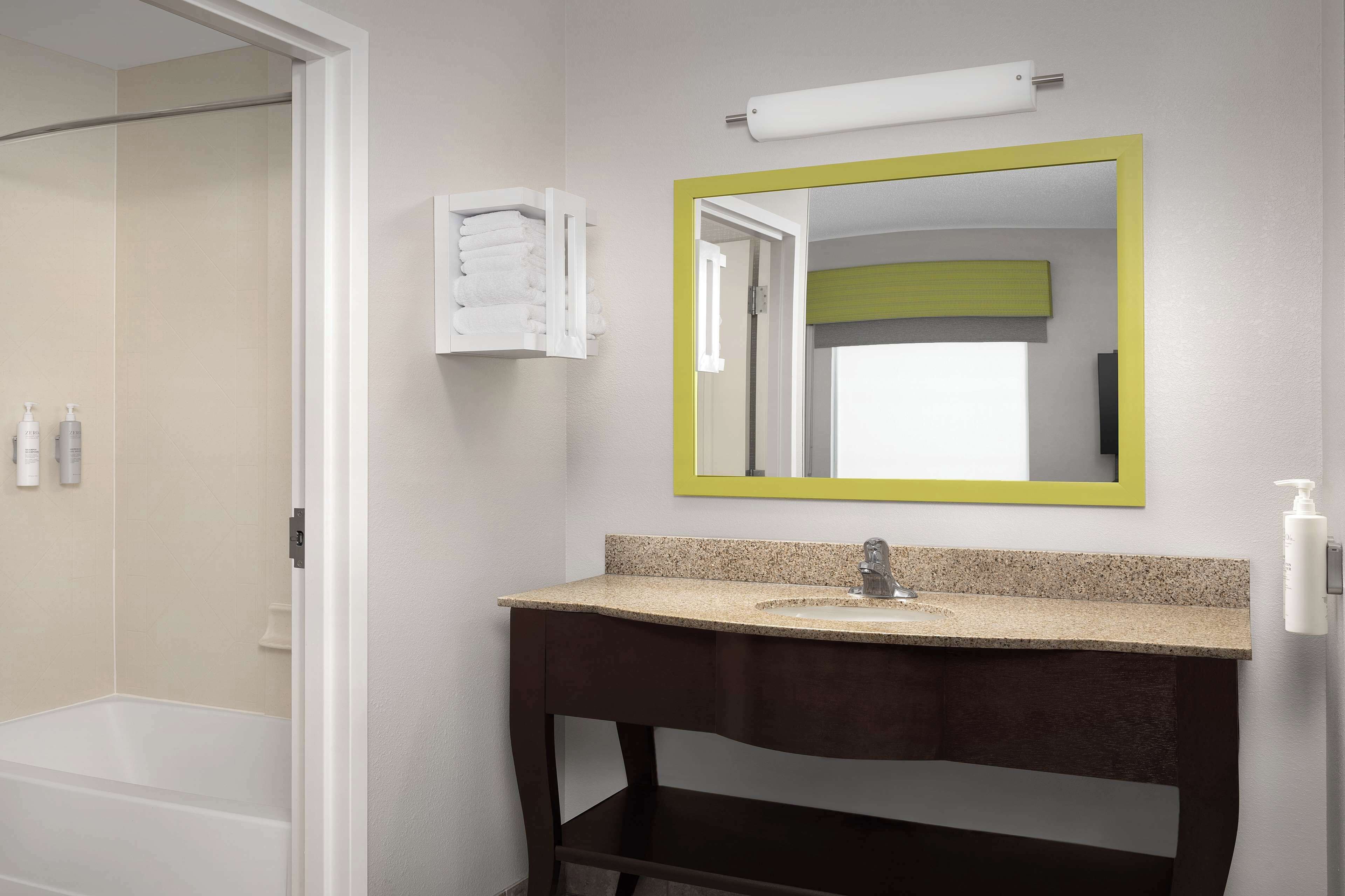 hair dryer, towels, soap, shampoo