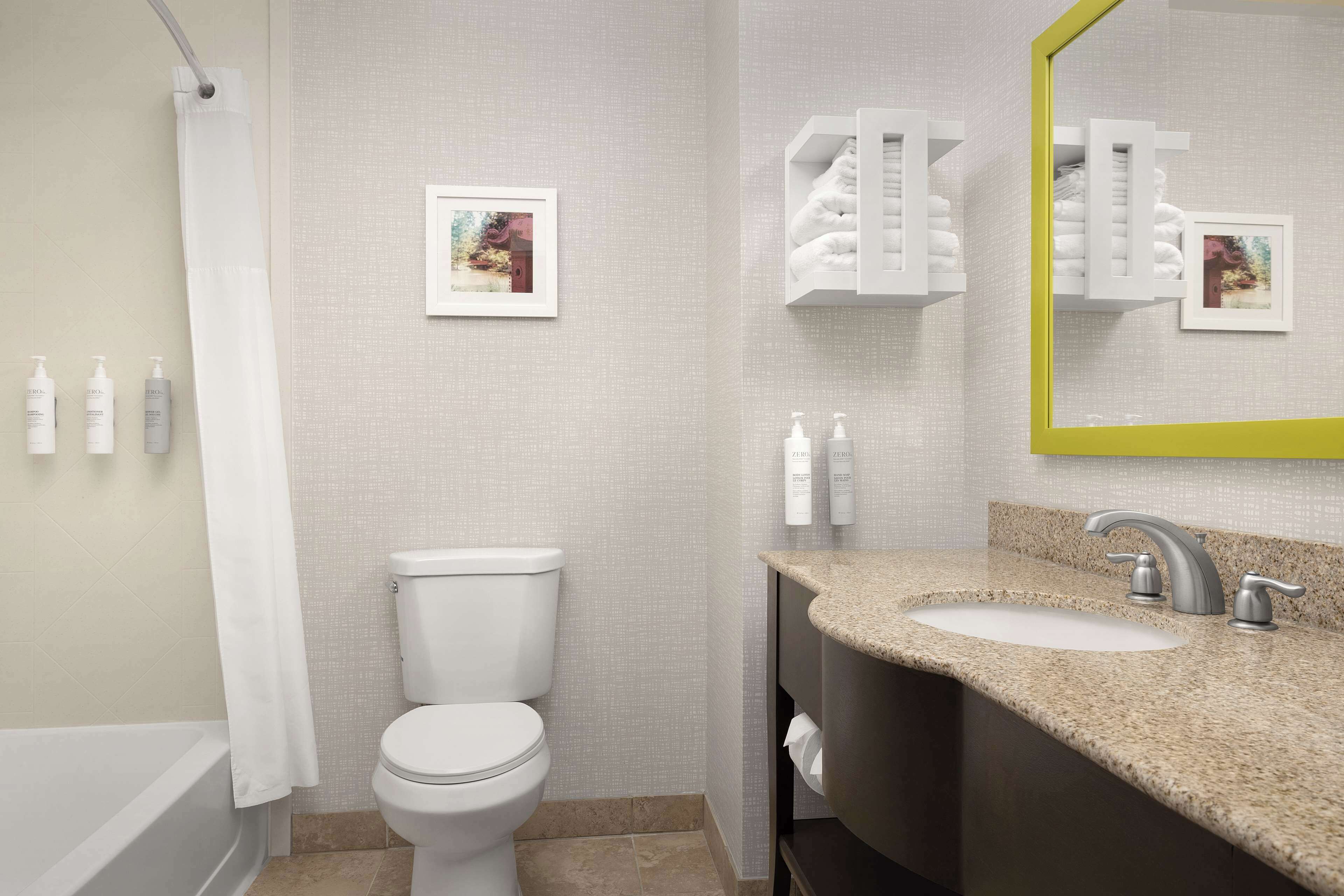 hair dryer, towels, soap, shampoo