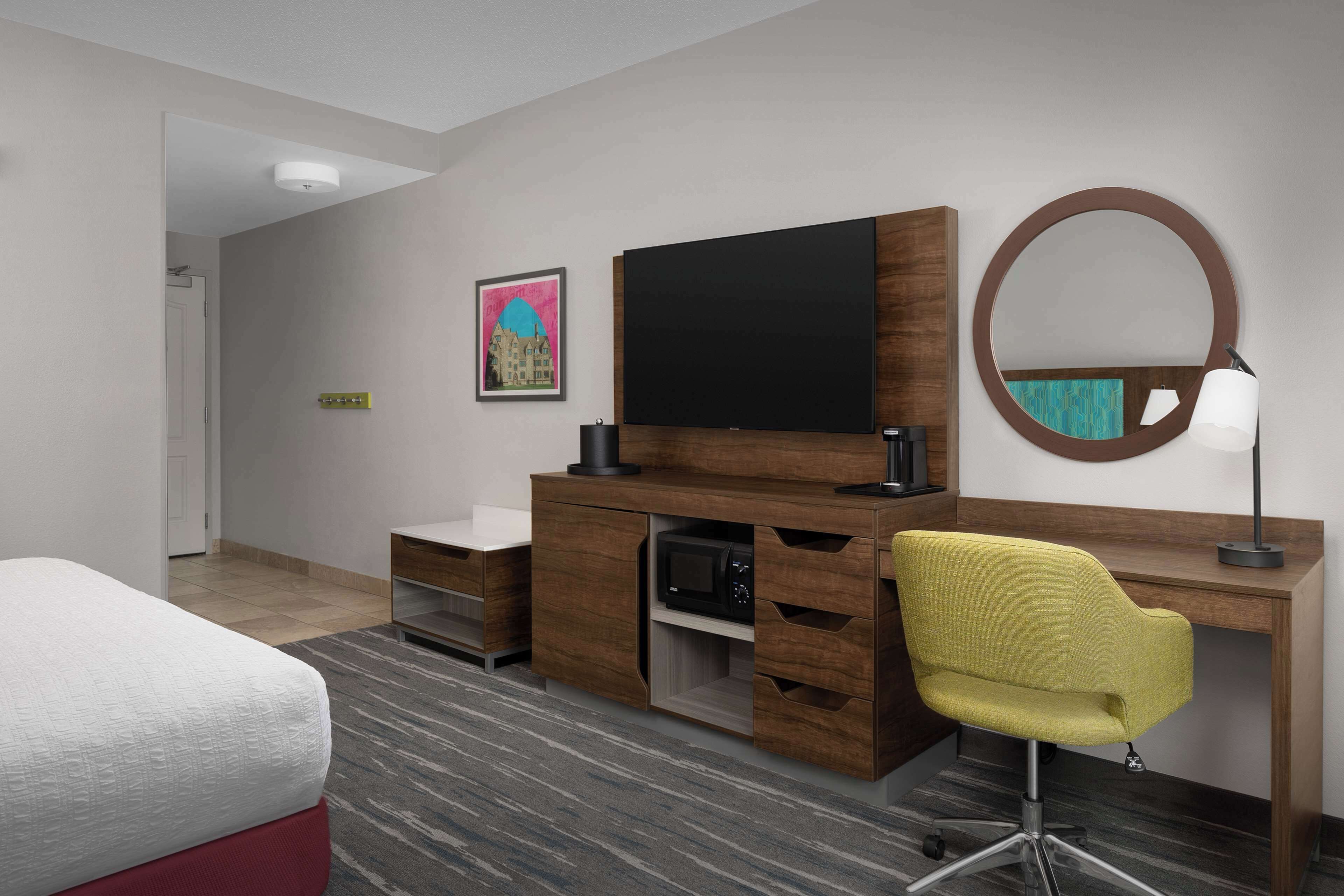 premium bedding, desk, blackout curtains, iron/ironing board