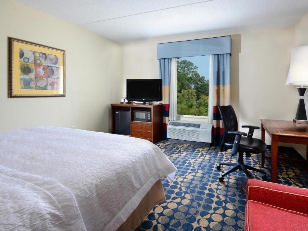 Premium bedding, desk, blackout drapes, iron/ironing board