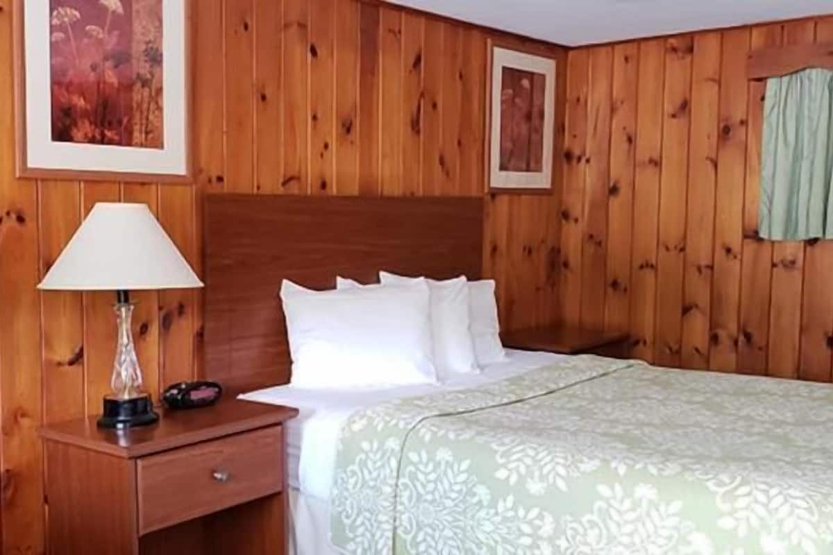A wooden-paneled room with a bed, a nightstand, and a lamp.