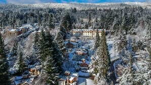 Una zona residencial cubierta de nieve con varias casas y un edificio grande, probablemente un hotel o complejo turístico, rodeada de densos bosques.