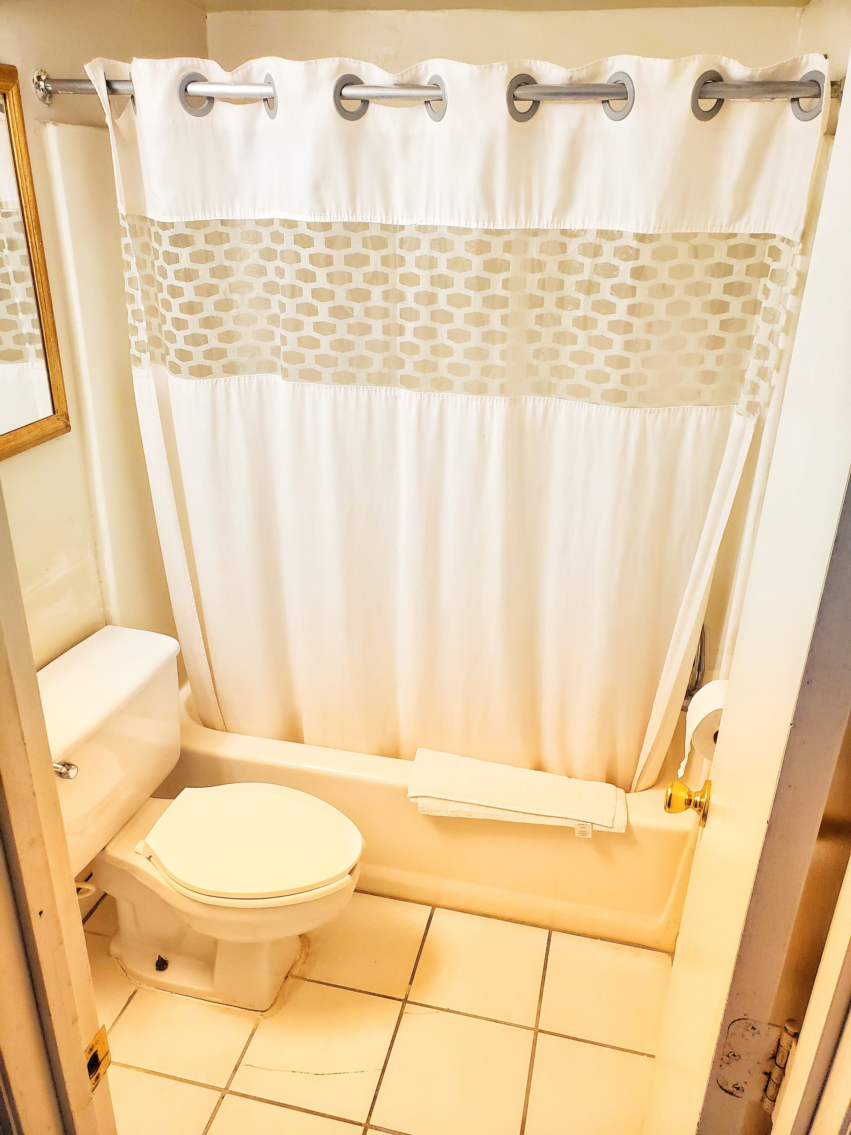 A small bathroom with a toilet, a bathtub, and a shower curtain.