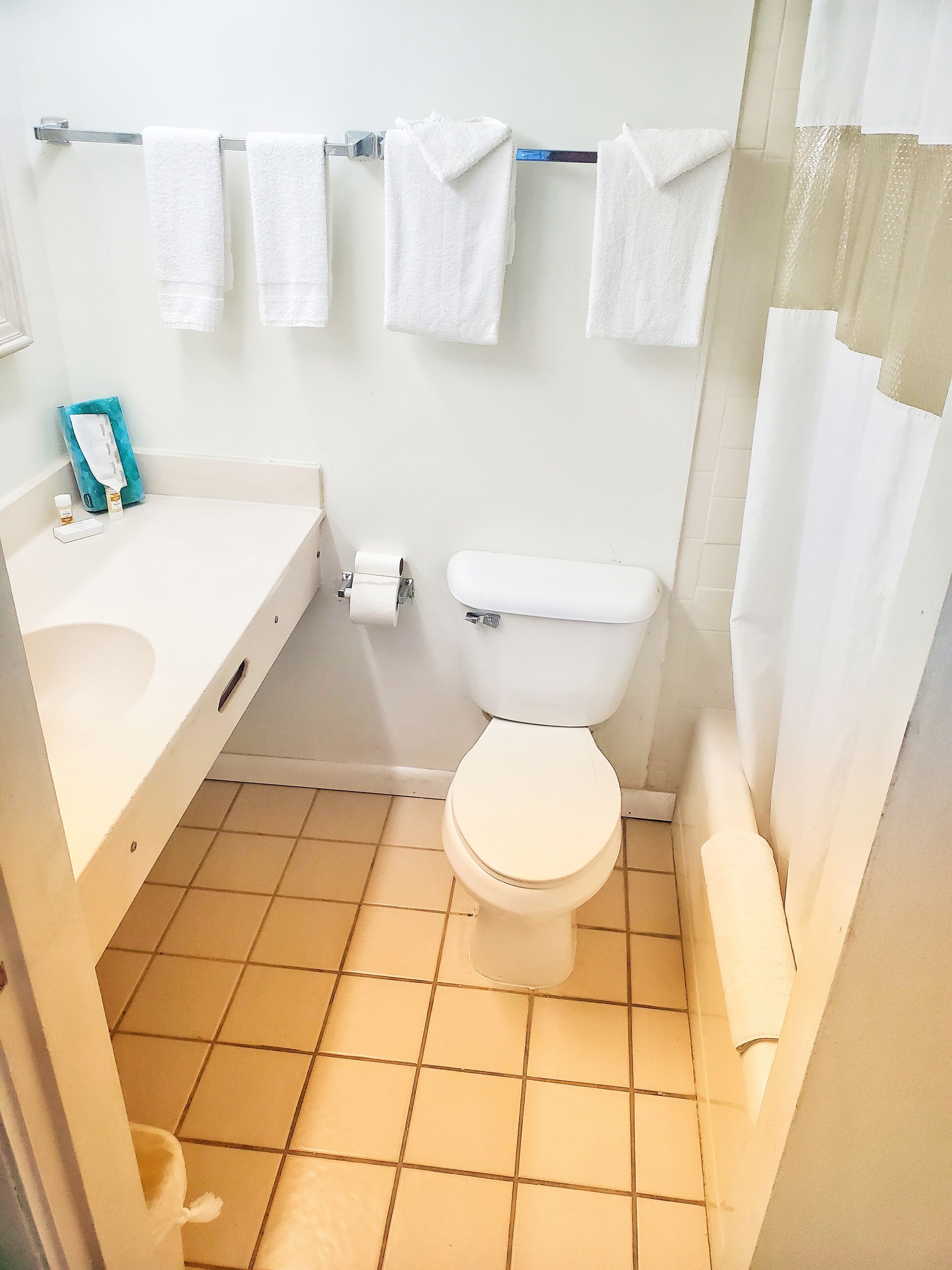 A bathroom with a toilet, a sink, a towel rack with multiple towels, a toilet paper holder, and a shower curtain.