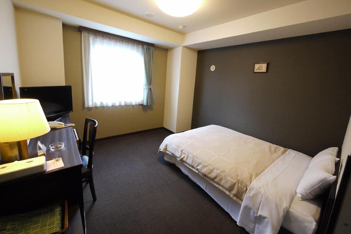 A hotel room with a bed, a desk with a lamp, a chair, a television, and a window with curtains.