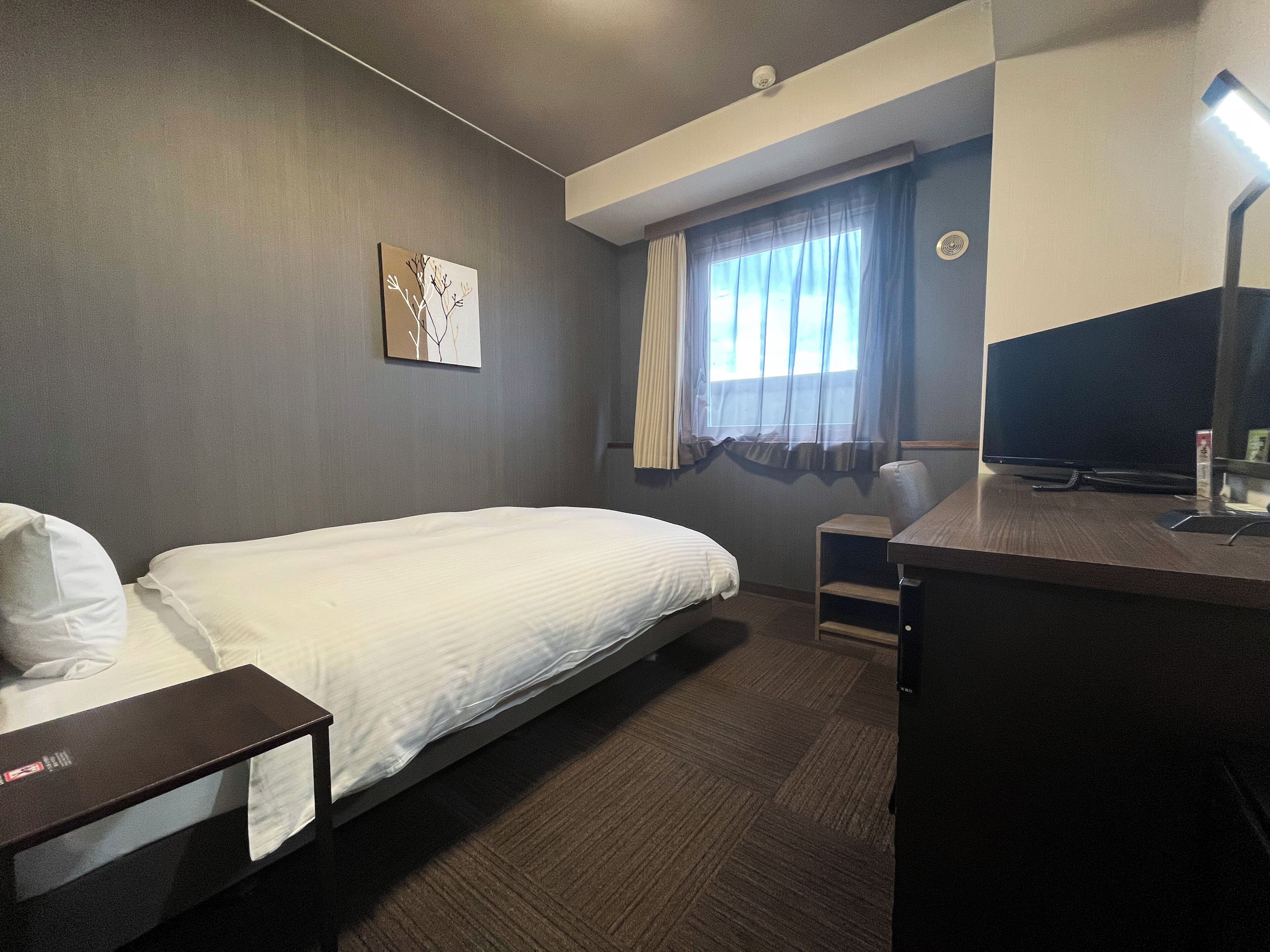 Una habitación de hotel con una cama individual, un escritorio con una computadora, un televisor y una ventana con cortinas.