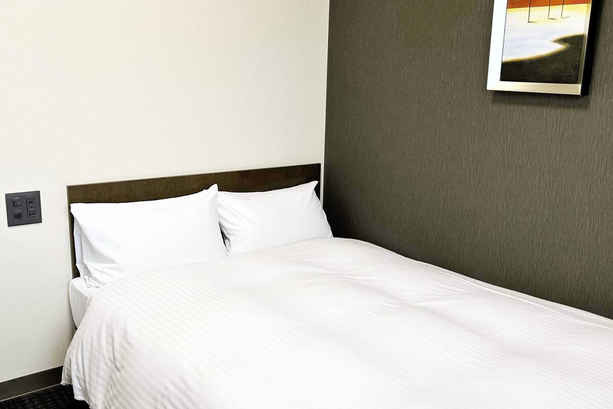 A hotel room with a single bed, a headboard, a wall-mounted power outlet, and a framed picture on the wall.