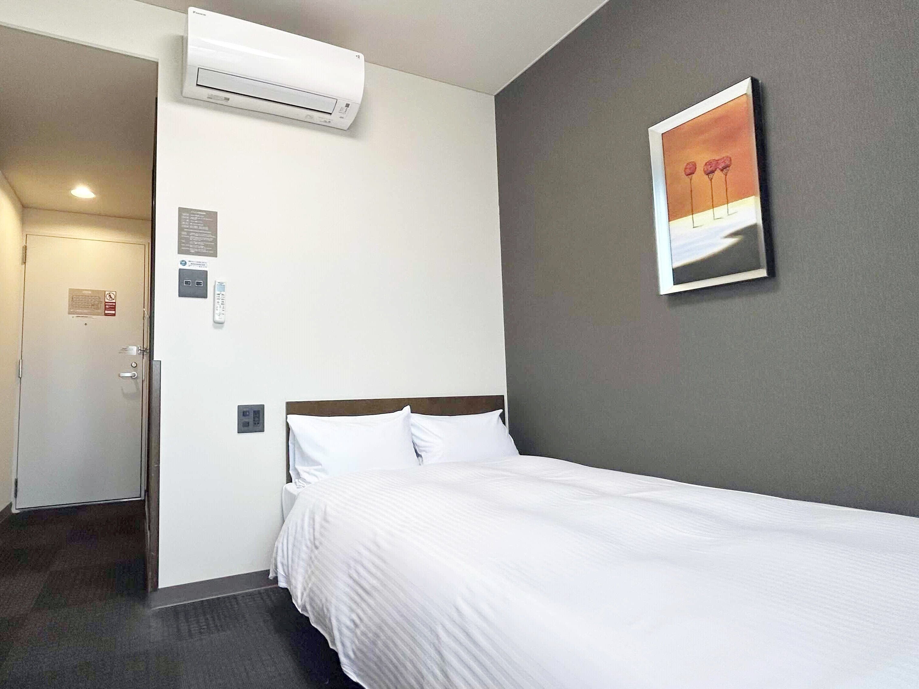 Habitación de hotel con cama, aire acondicionado, puerta y un cuadro colgado en la pared.