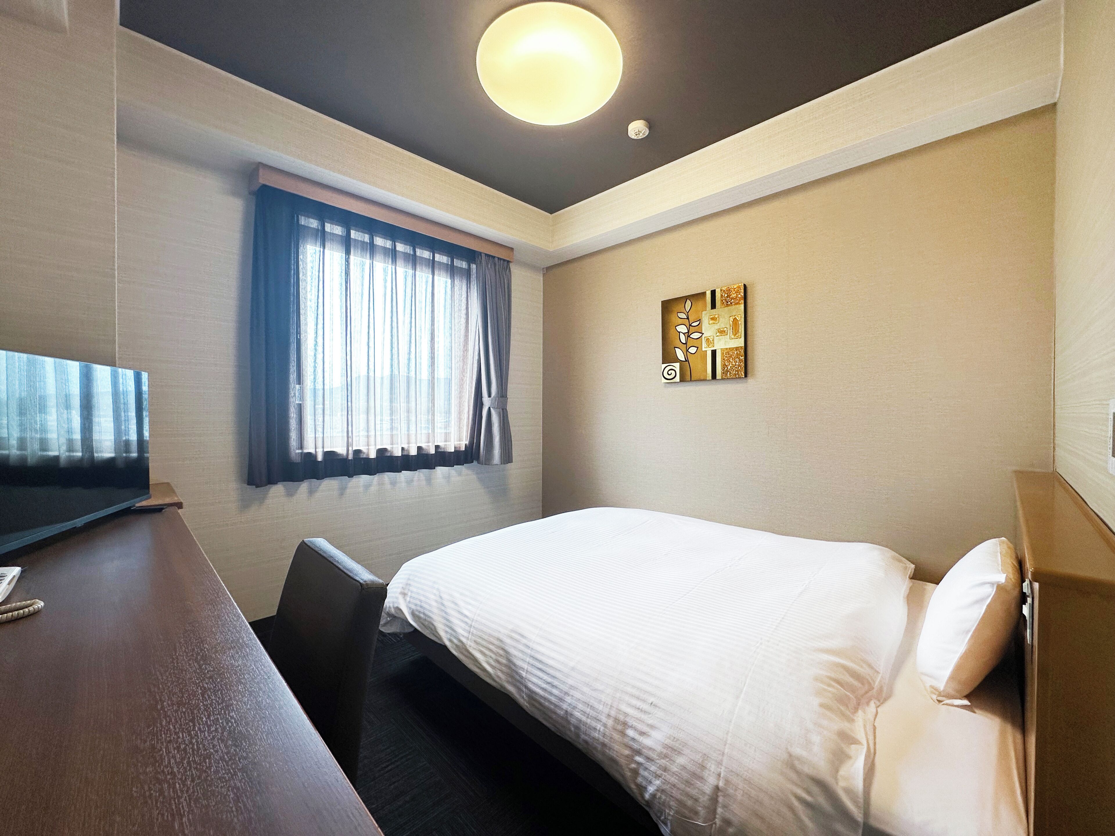 A hotel room with a bed, a desk, a chair, a window with curtains, a wall-mounted artwork, and a ceiling light.