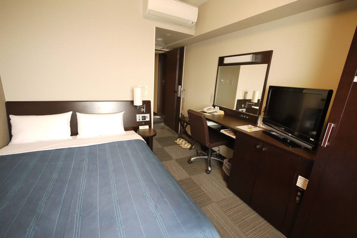 A hotel room with a bed, a desk, a television, and a mirror.