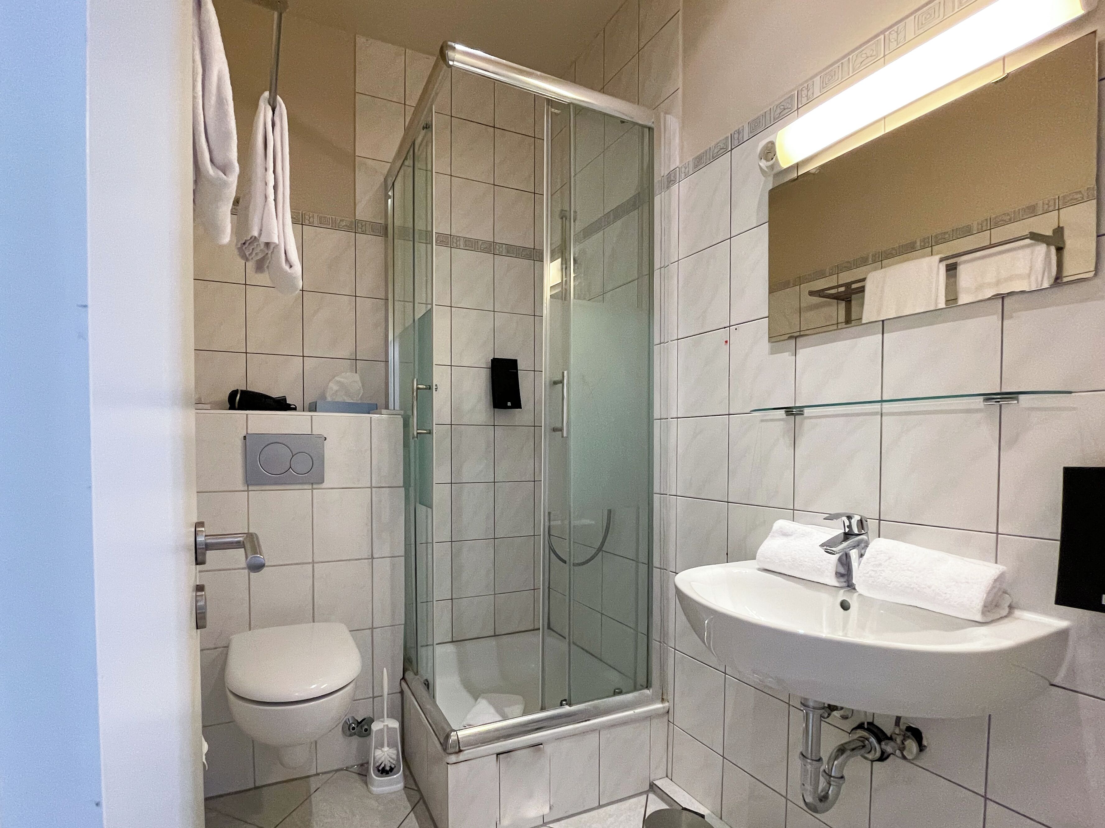A modern bathroom with a glass-enclosed shower, a white sink, and a toilet.