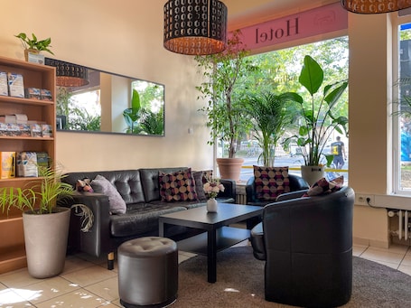 A modern living room with a sofa, ottoman, and coffee table, surrounded by potted plants and a large window with a view of the street.