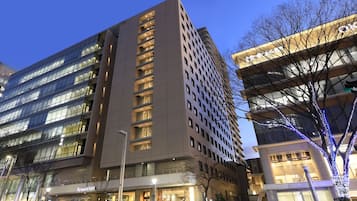 Façana frontal de l'allotjament (vespre/nit)