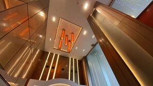 Un interior moderno con un separador de vidrio, iluminación empotrada y un elemento decorativo en el techo.