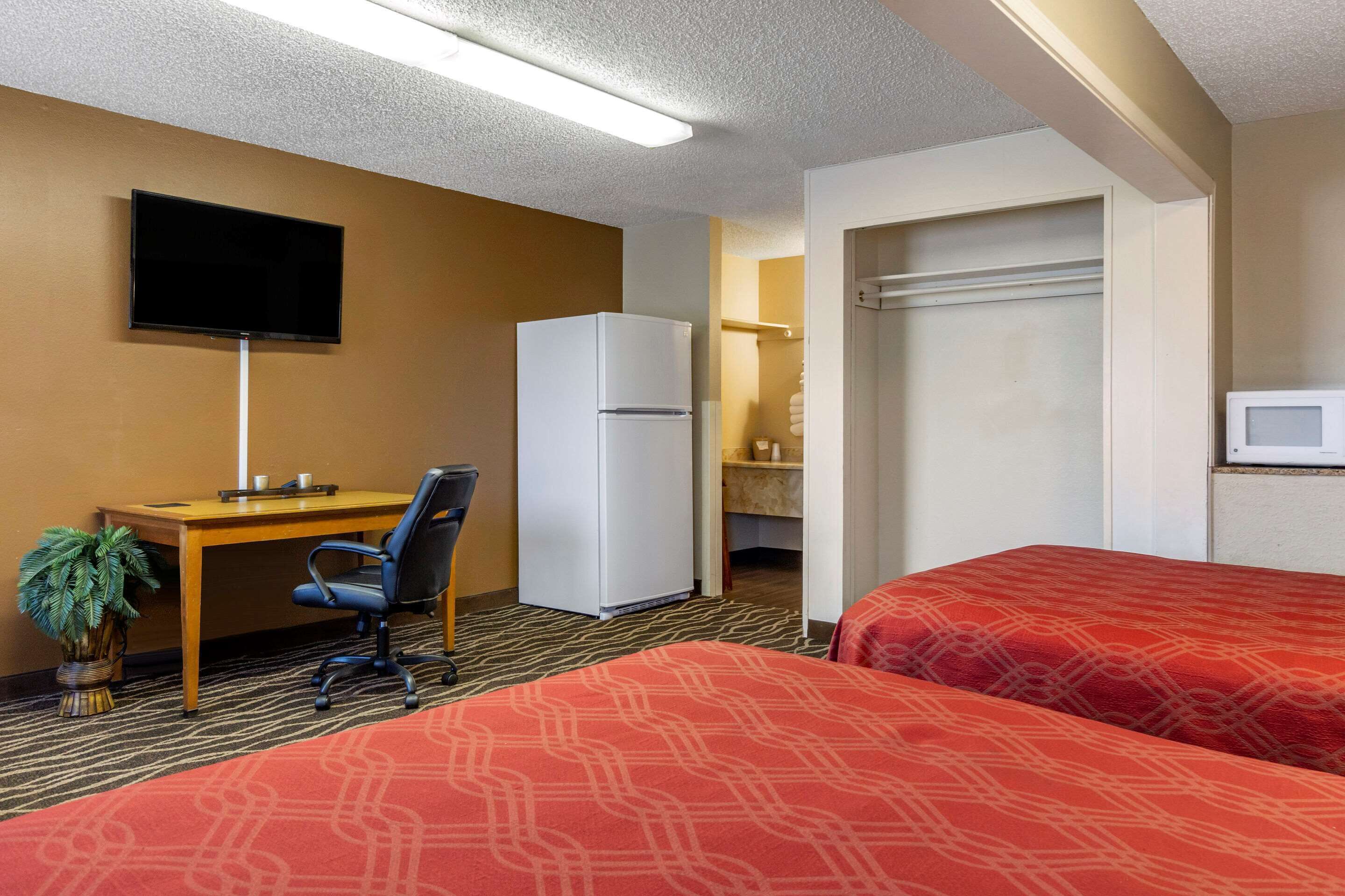 A hotel room with two beds, a desk with a chair, a refrigerator, a television mounted on the wall, and a plant.