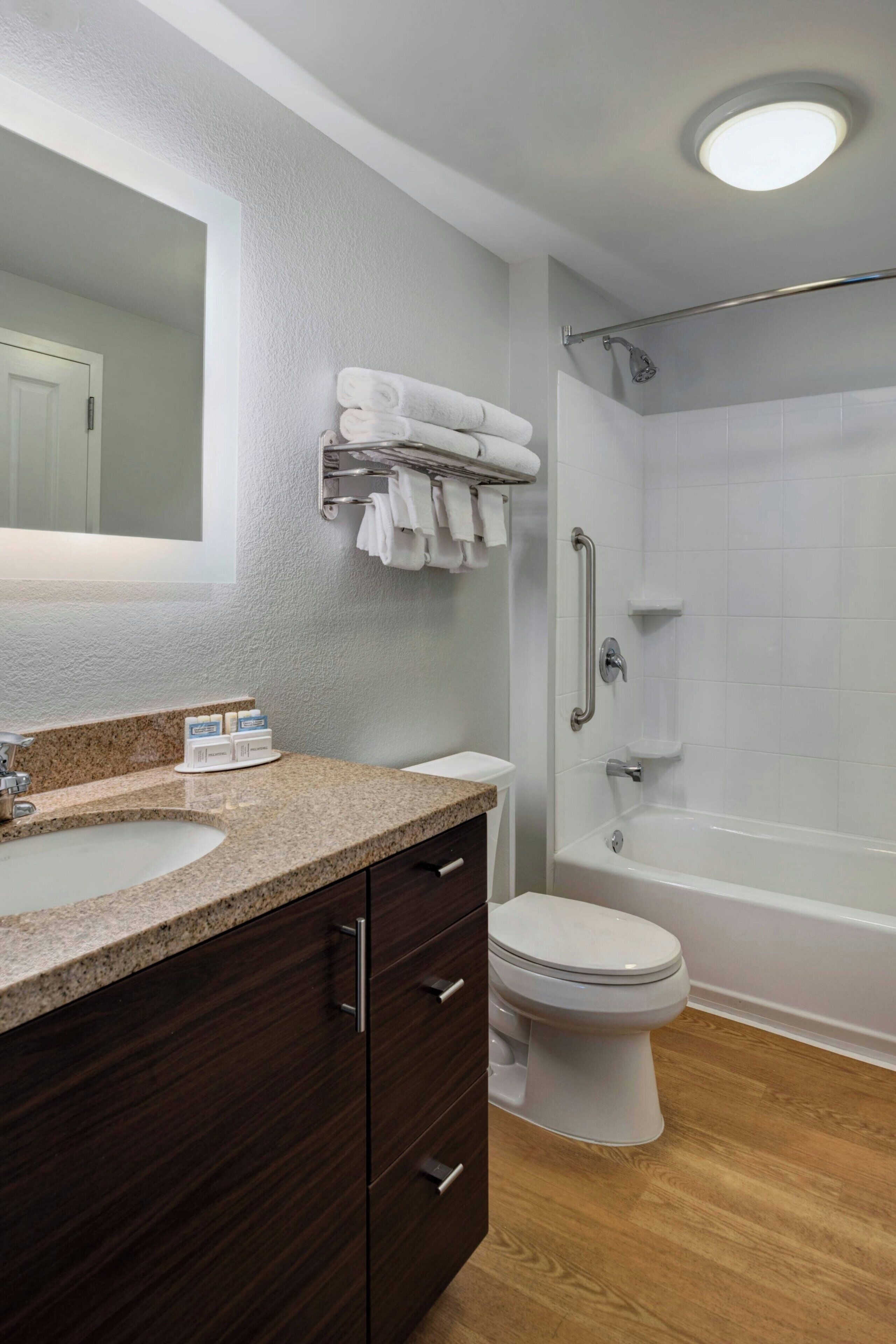 combined shower/bathtub, free toiletries, hair dryer, towels