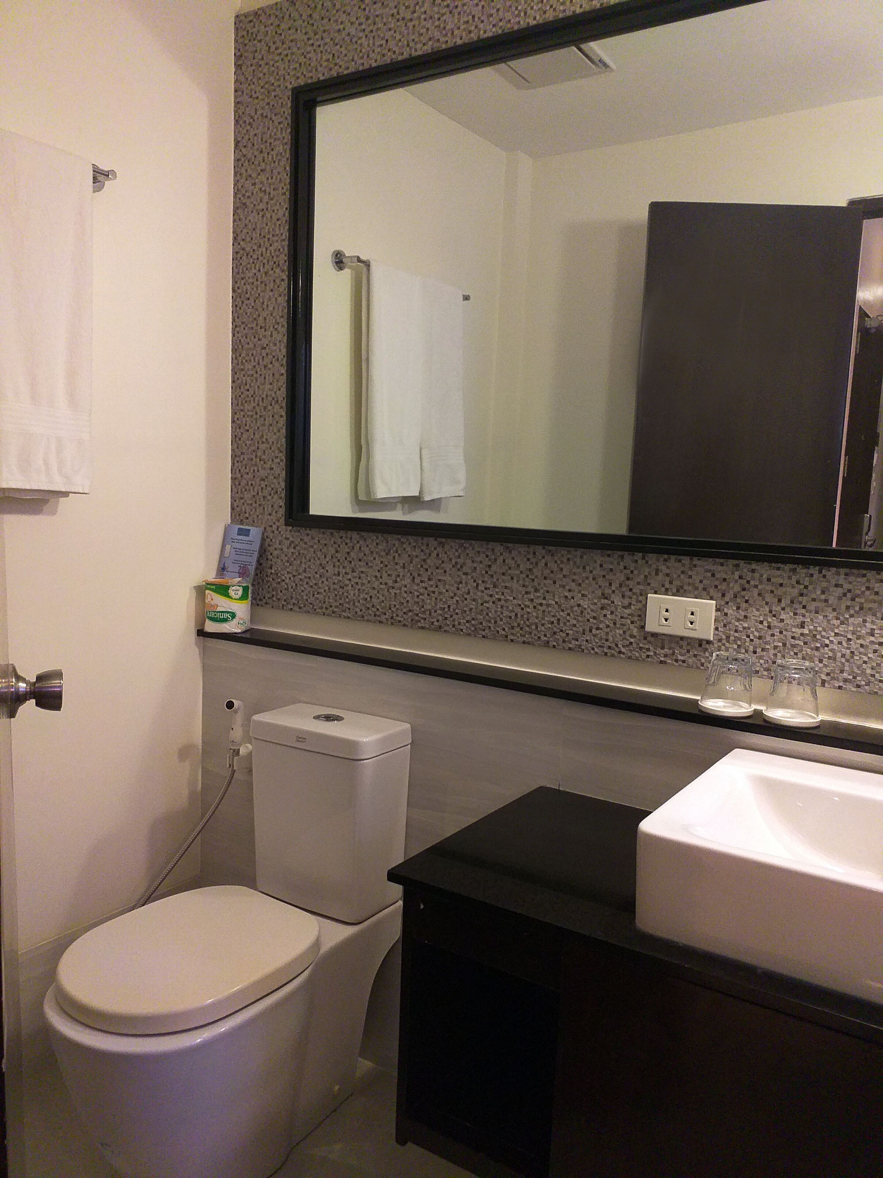 A bathroom with a toilet, sink, and a mirror above the sink.