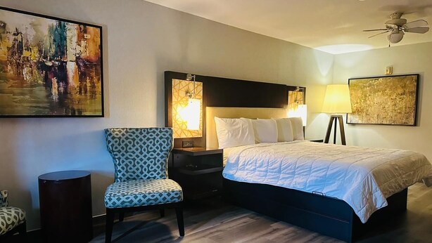 A hotel room with a bed, a chair, a nightstand, a lamp, and artwork on the walls. - The Executive Inn & Suites (West Columbia)