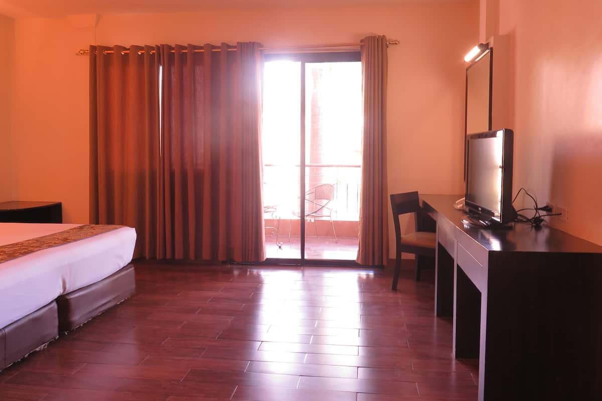 A hotel room with a bed, a desk, a television, and a view of the outside.