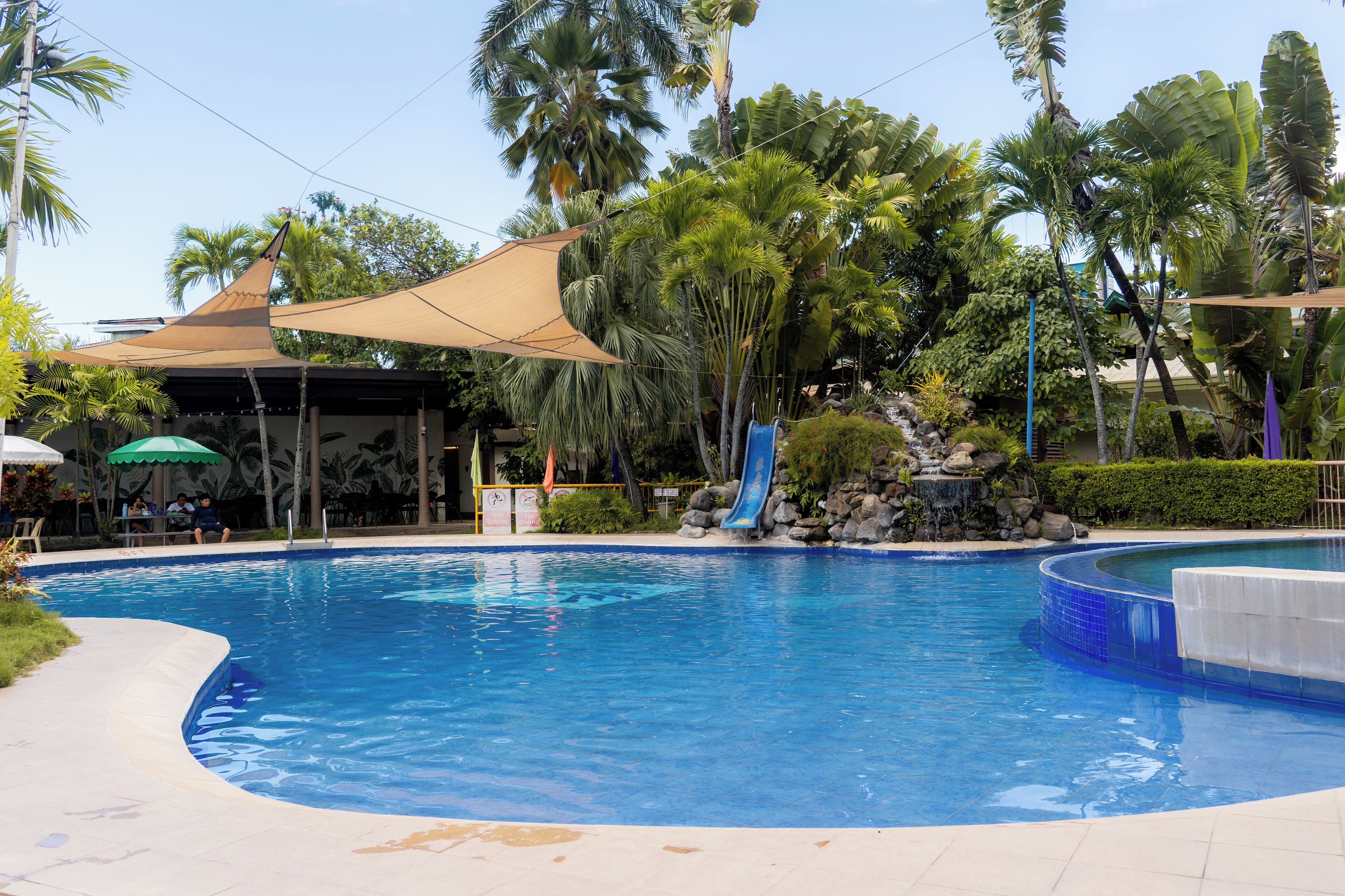 A swimming pool with a slide, surrounded by palm trees and shaded areas.