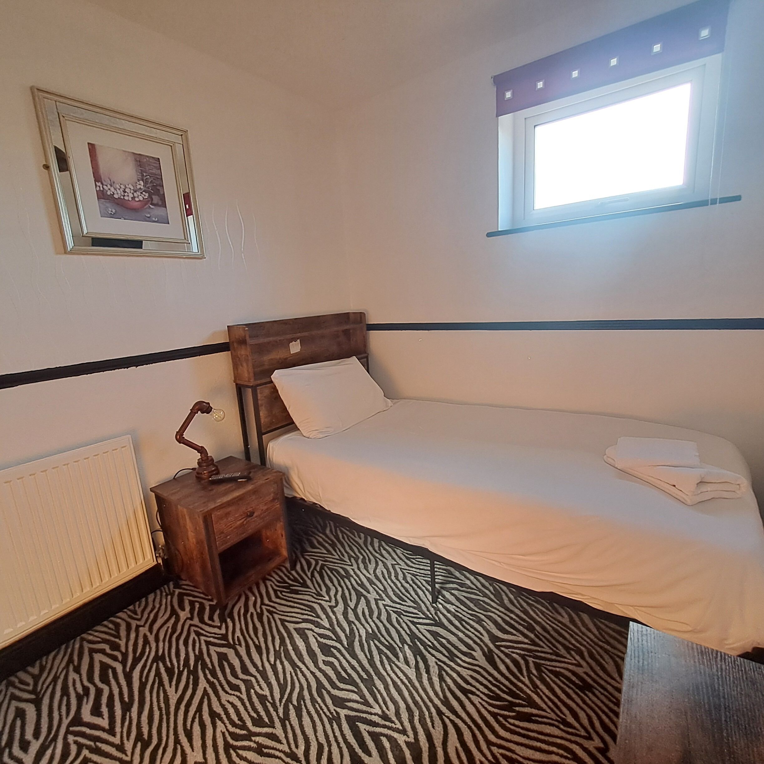 A single bed with a zebra-patterned rug, a small wooden nightstand with a lamp, a framed picture on the wall, and a window with blinds.