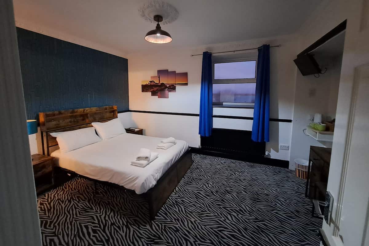 Quarto de hotel com uma cama, mesa de cabeceira, televisão na parede, janela com cortinas e um tapete com padrão de zebra.