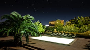 Outdoor pool, pool umbrellas, pool loungers