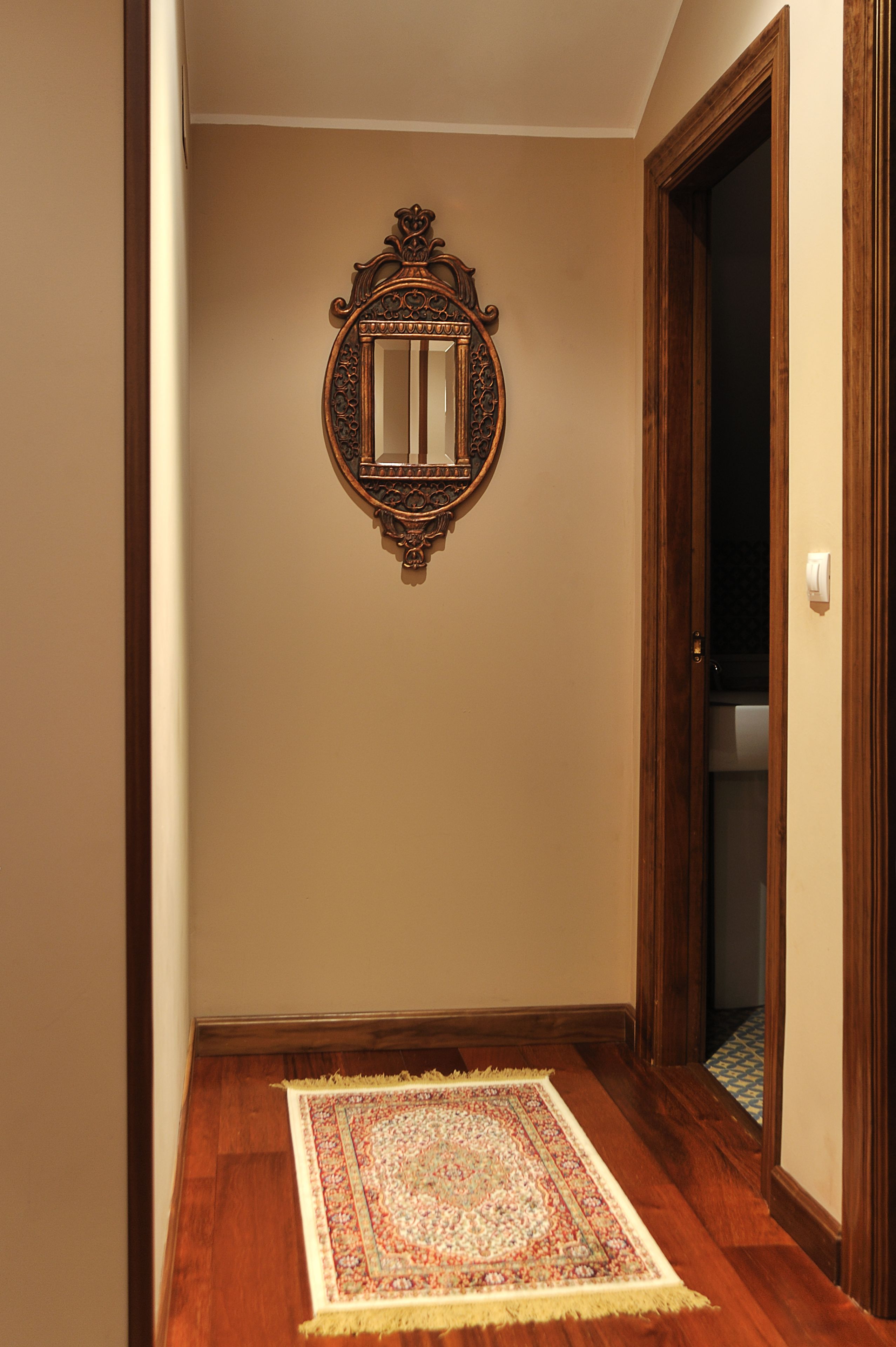 A hallway with a wooden floor, a patterned rug, and a decorative mirror on the wall.