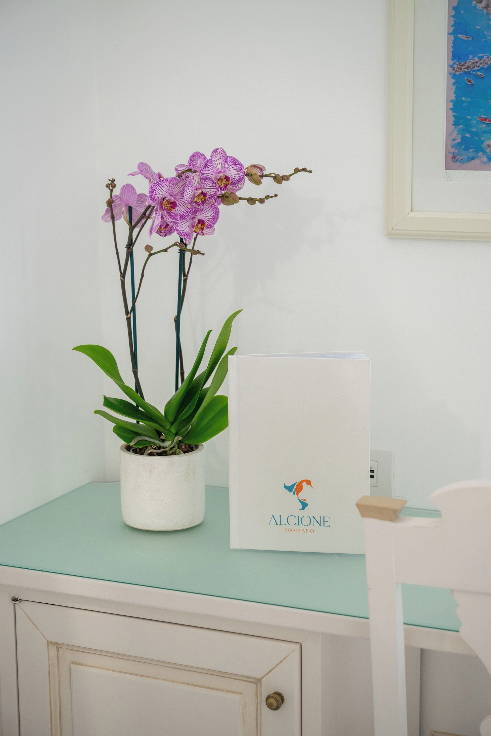 Un mueble blanco con una orquídea en maceta y una caja blanca que lleva el logo 'ALCIONE POSITANO' sobre una superficie verde clara.