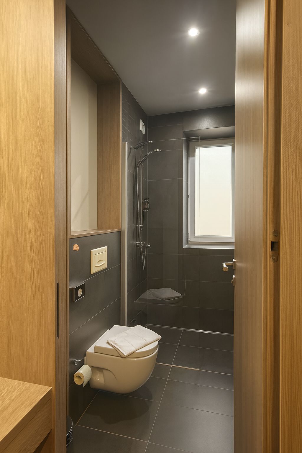 Une salle de bain moderne équipée de toilettes, d’une douche et d’une fenêtre.