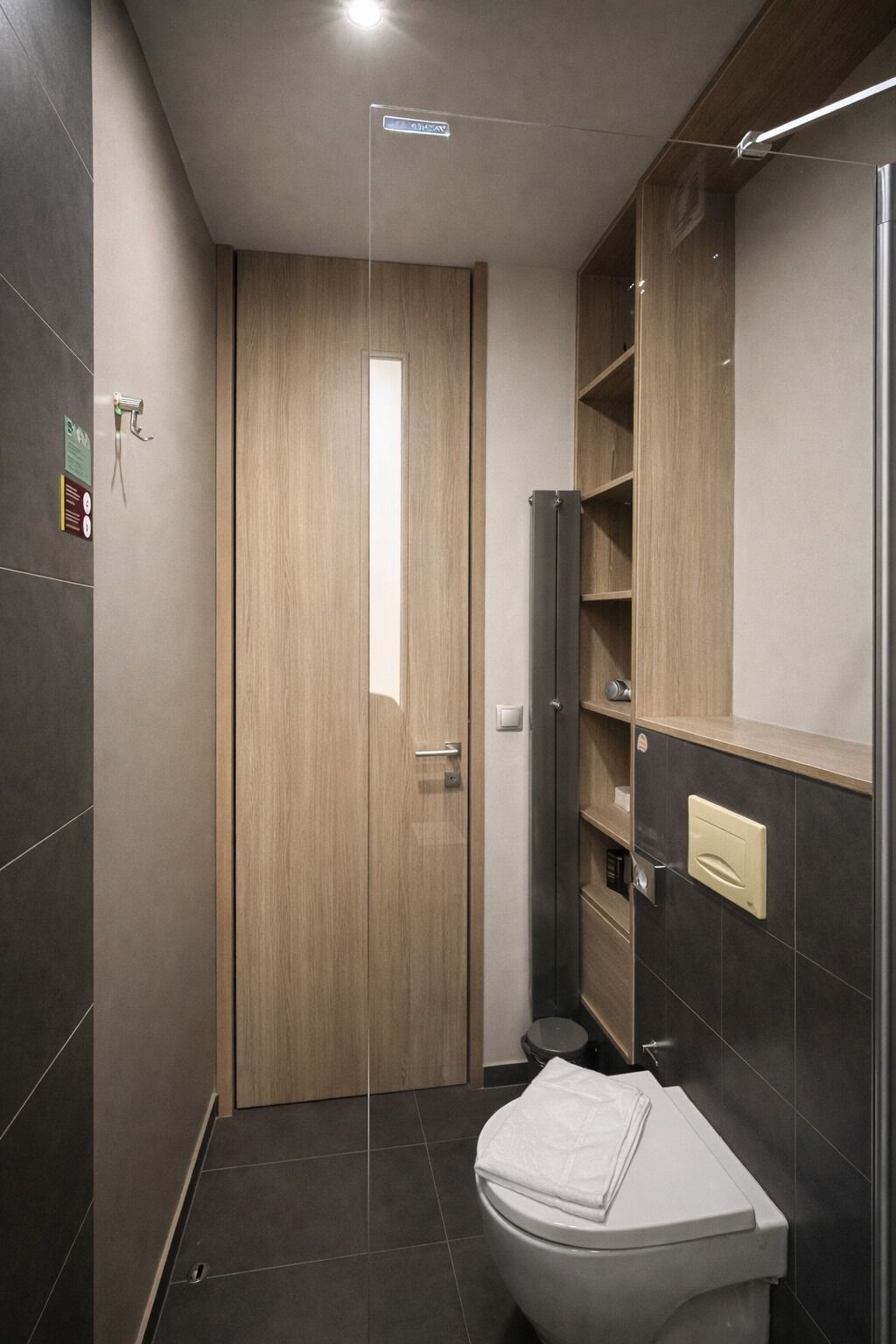 A modern bathroom with a toilet, a shower, and a wooden door.