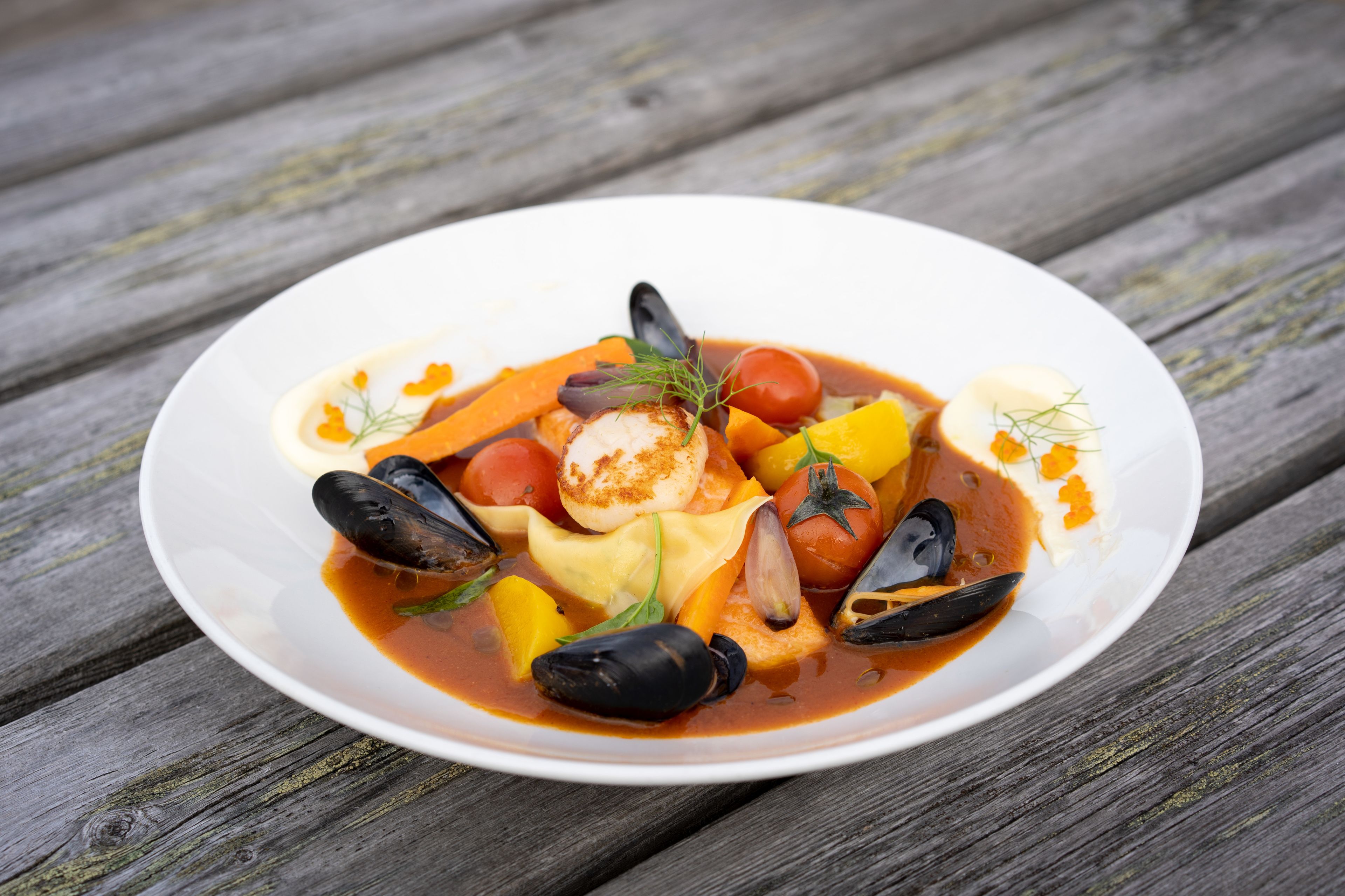 Un plat de fruits de mer servi dans une assiette blanche, composé de moules, de tomates et d’autres légumes, et présenté sur une table en bois.