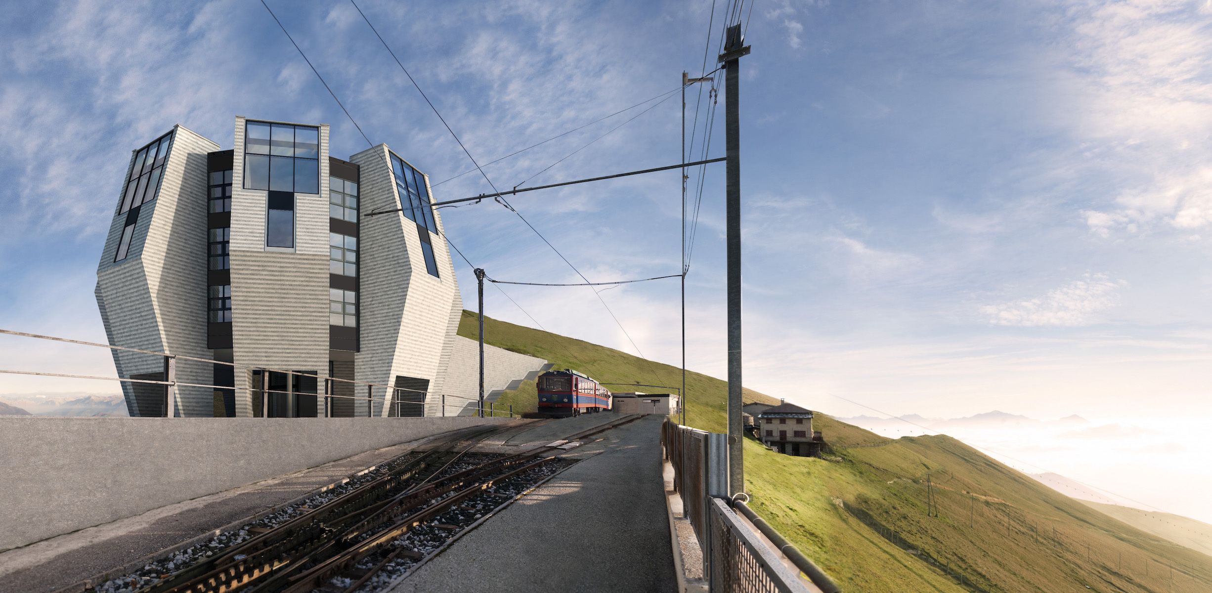 Ein modernes Gebäude mit einzigartigem architektonischen Design, ein Zug auf den Gleisen und eine hügelige Landschaft im Hintergrund.