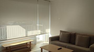 A modern living room with a sofa, a wooden coffee table, and a dining table.