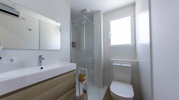Une salle de bain moderne avec une douche à parois de verre, des toilettes blanches et un meuble-lavabo en bois avec un miroir.