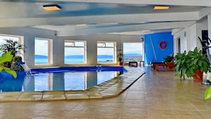 An indoor swimming pool with a view of the sea, large windows, and potted plants. - Aikendor Hotel Panorámico (El Calafate)