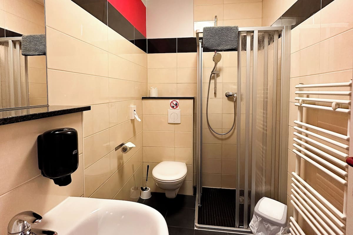 Shower, eco-friendly toiletries, hair dryer, towels