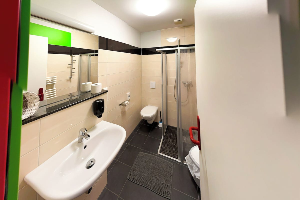 Shower, eco-friendly toiletries, hair dryer, towels
