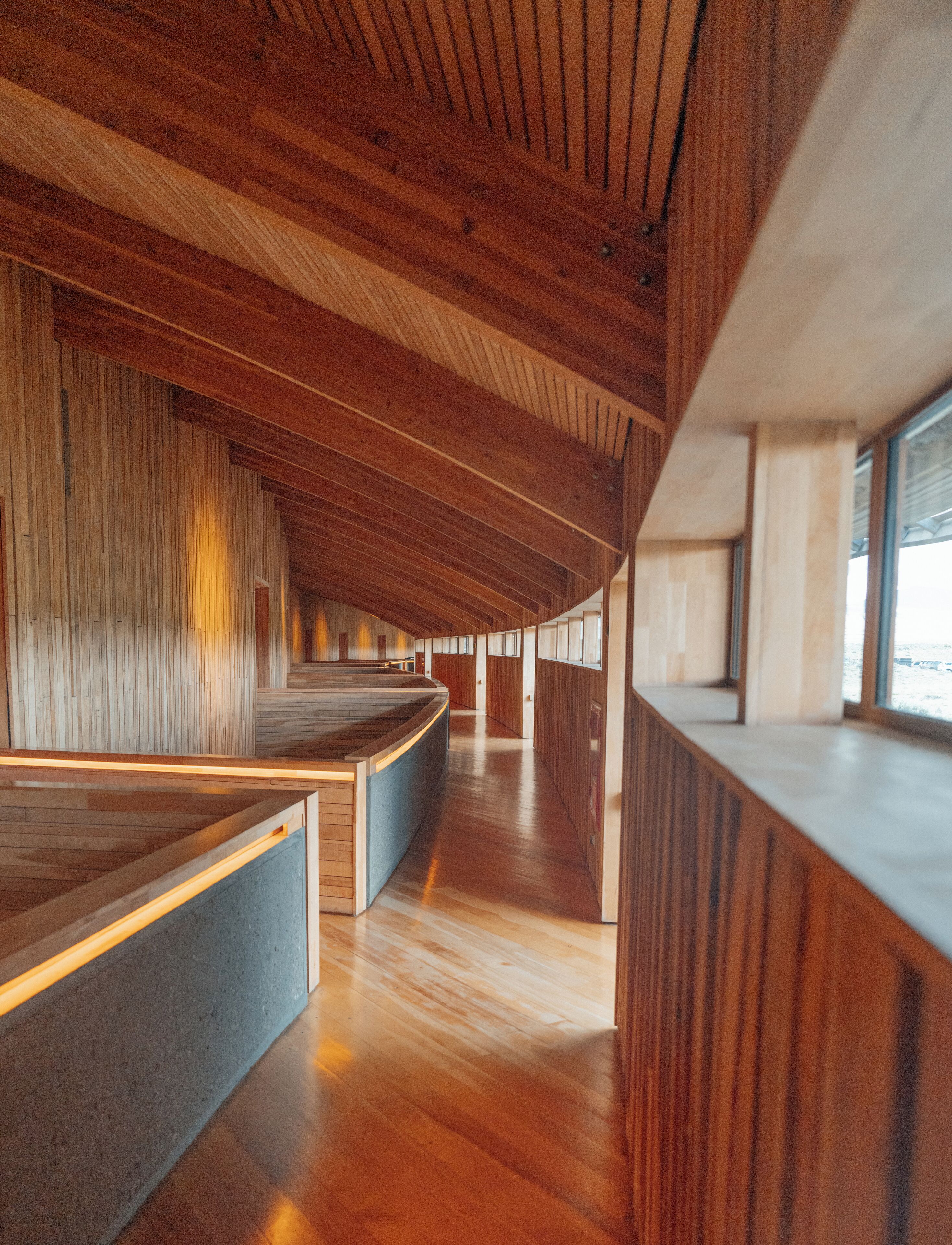 A modern interior with wooden paneling, a curved bench, and large windows.