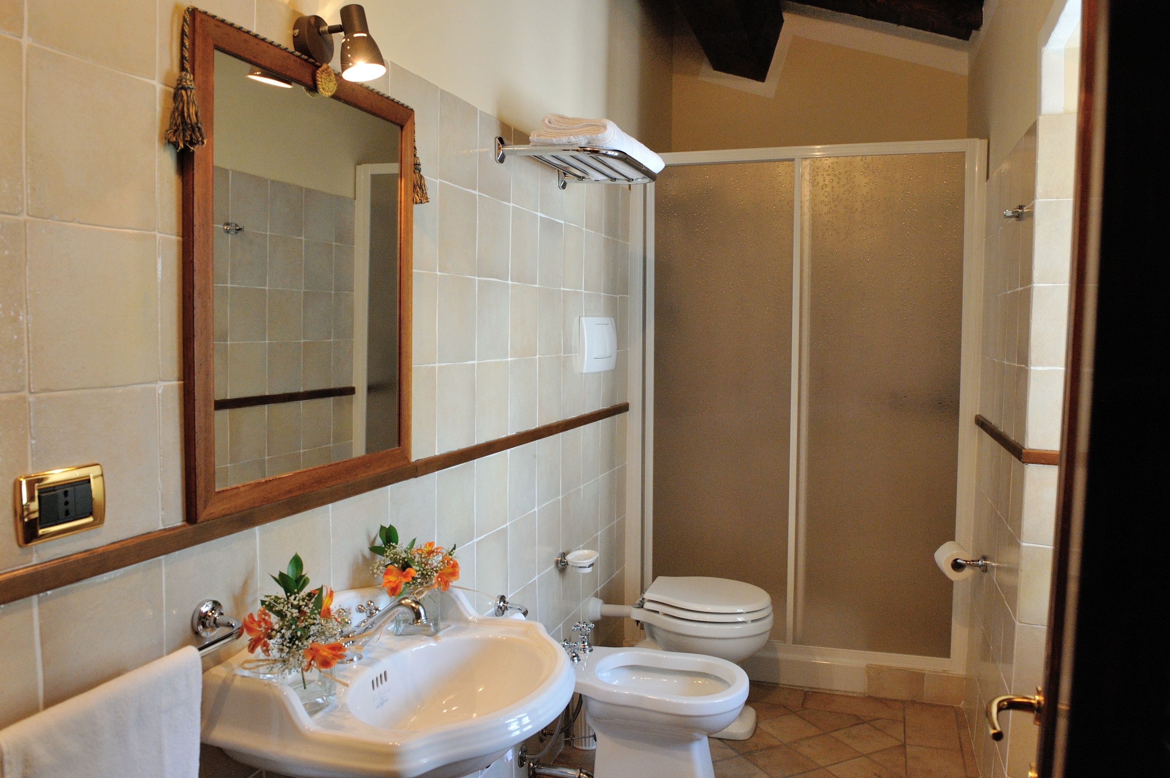 A bathroom with a sink, mirror, toilet, and shower.