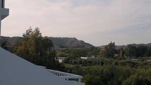 Vista de una zona residencial con casas, árboles y colinas al fondo.