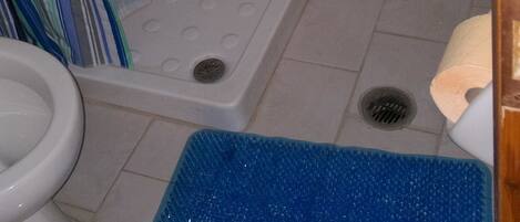 A bathroom with a shower, toilet, and a blue bath mat.