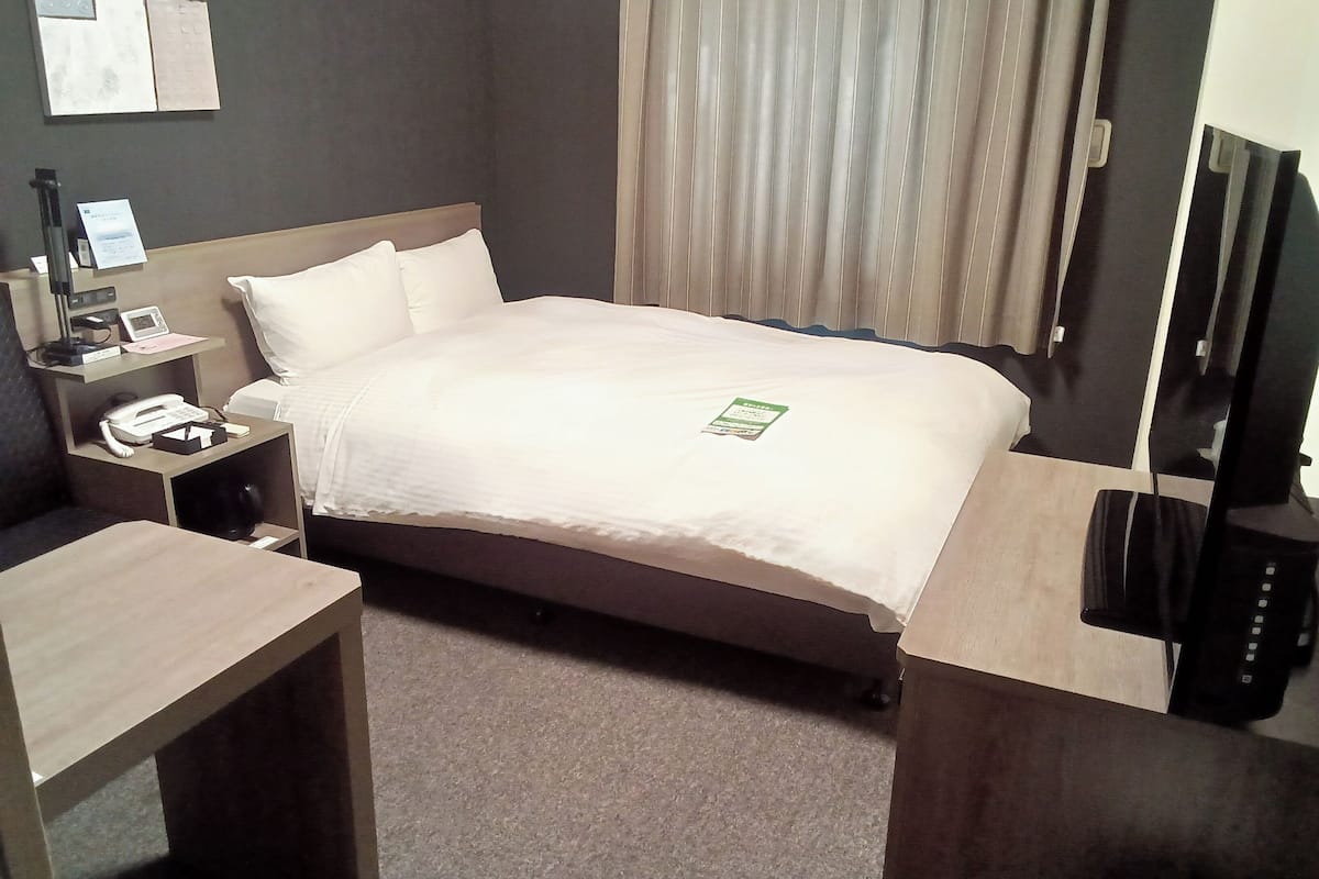 Una camera d'albergo con un letto, una scrivania, una sedia, una TV e un telefono sulla scrivania.