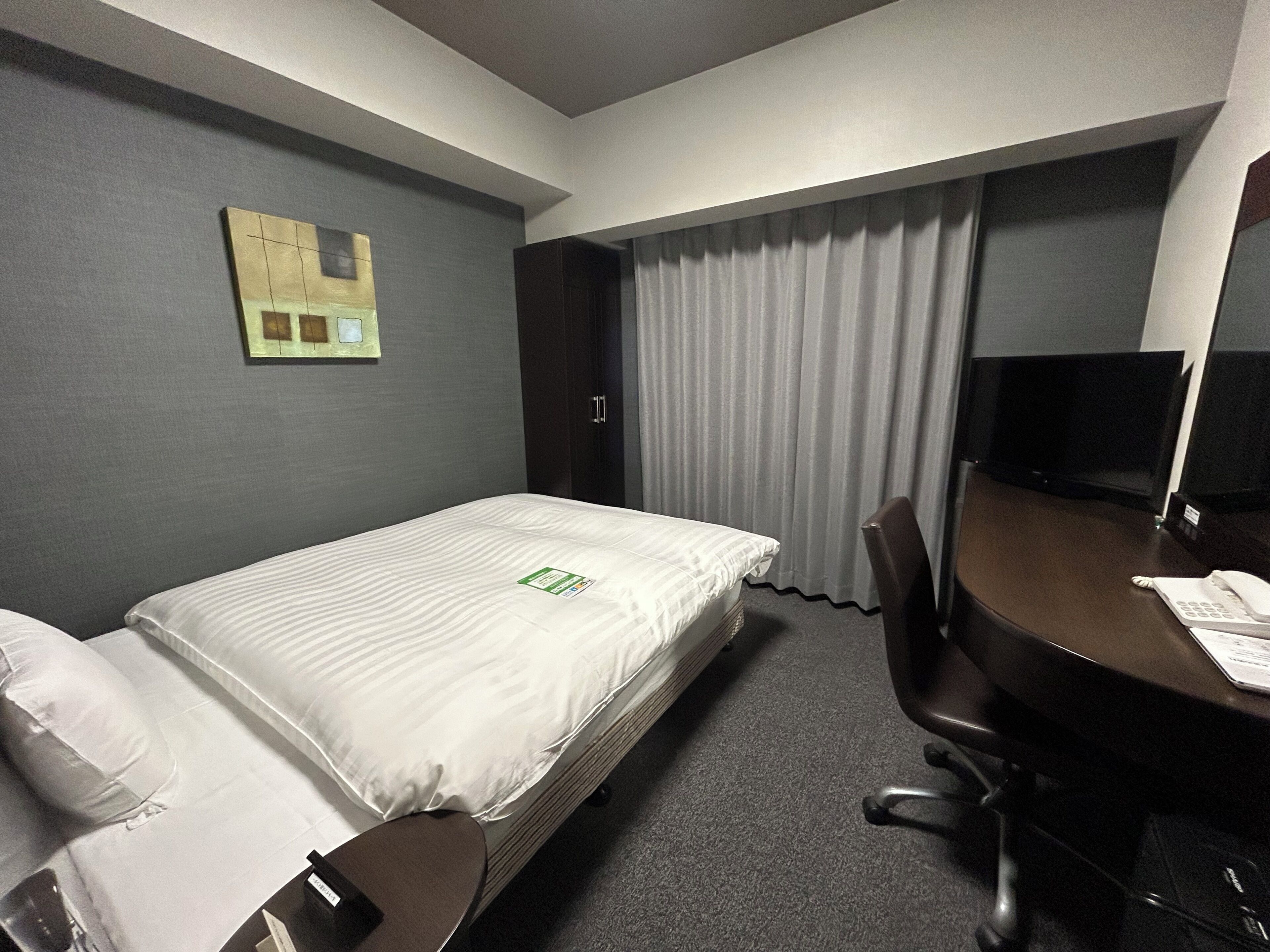 Une chambre d’hôtel avec un lit simple, un bureau avec une chaise, une télévision et une fenêtre avec des rideaux.