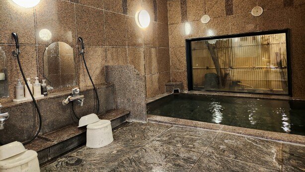 A bathroom with a large bathtub, a mirror, and a wooden ceiling.