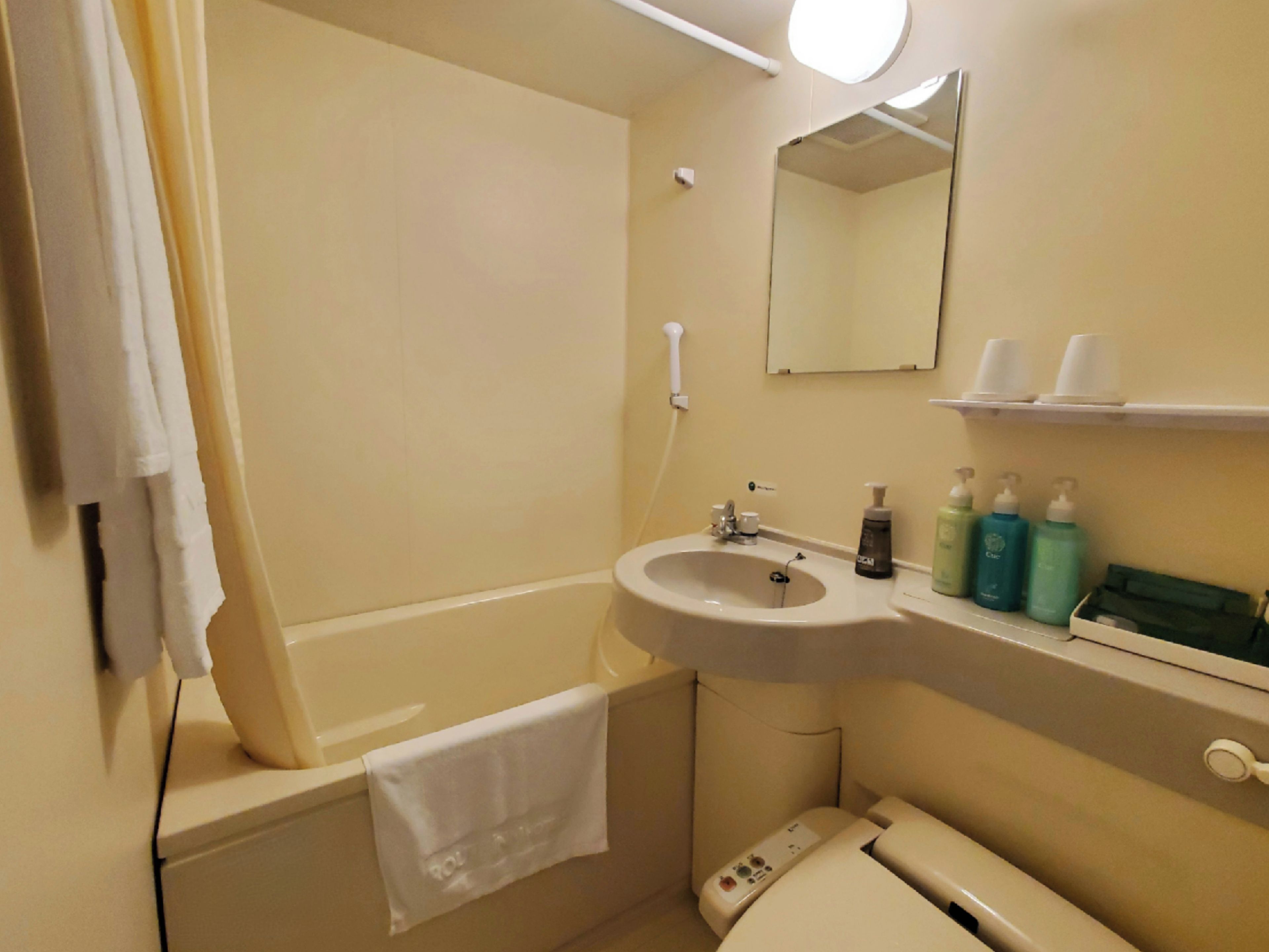 Une salle de bain avec une baignoire, un lavabo, un miroir et des articles de toilette rangés sur une étagère.