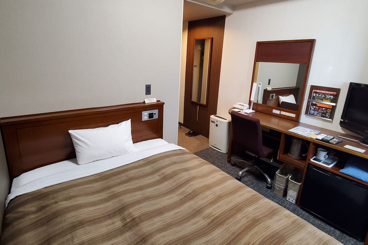Een hotelkamer met een bed, bureau, stoel, televisie en een spiegel.