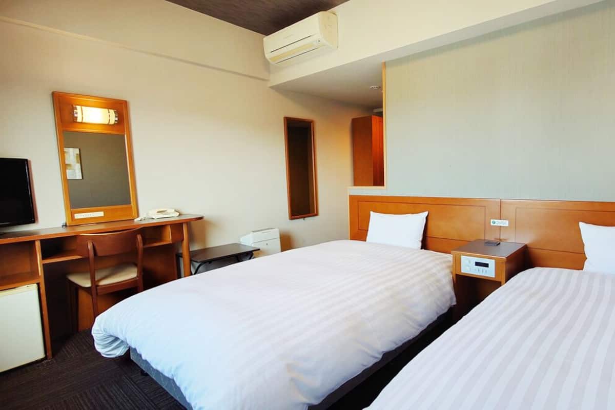 Habitación de hotel con dos camas, un escritorio, una silla, un televisor y un espejo.
