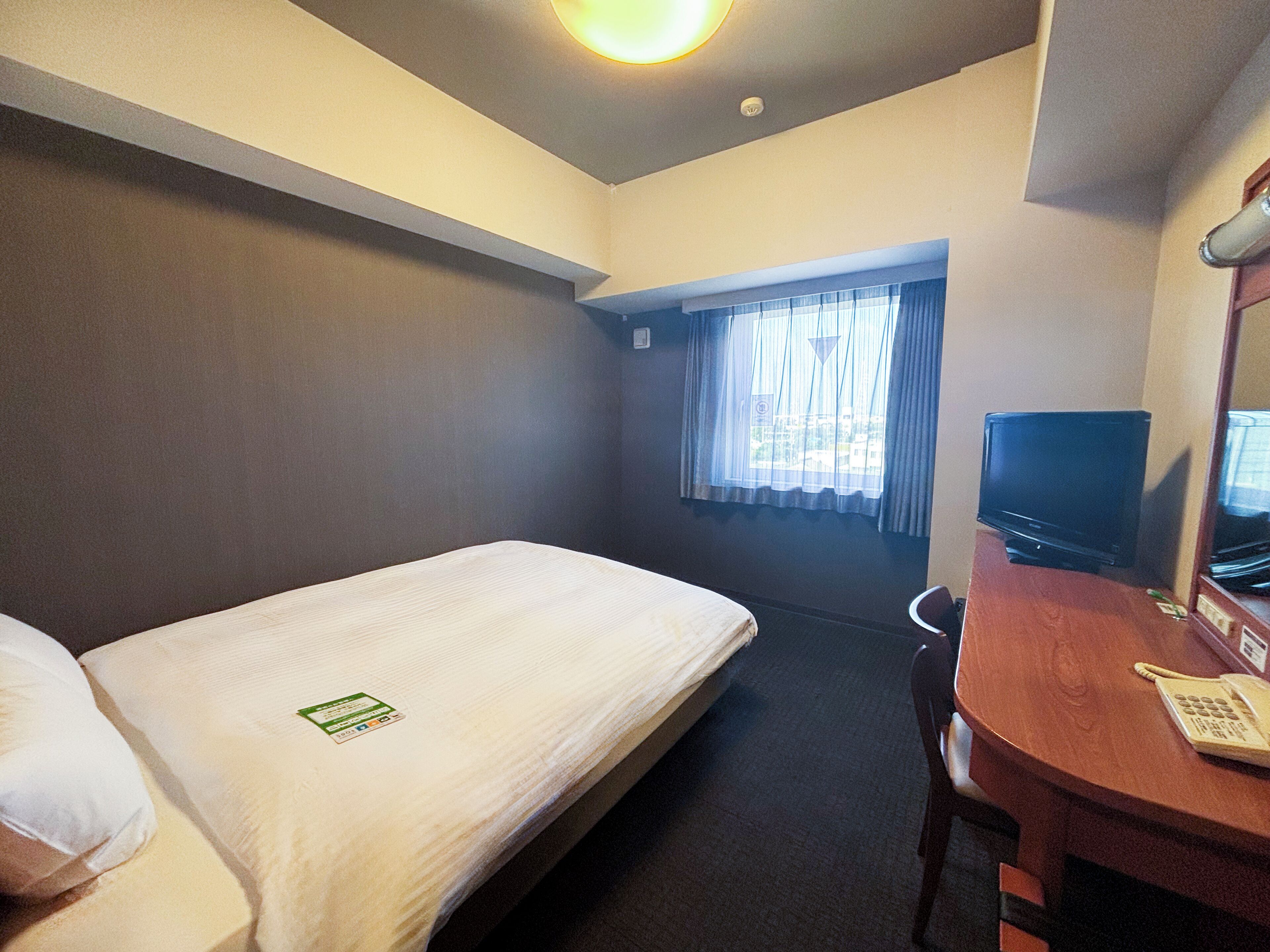 A hotel room with a bed, a desk, a chair, a television, and a window with curtains.